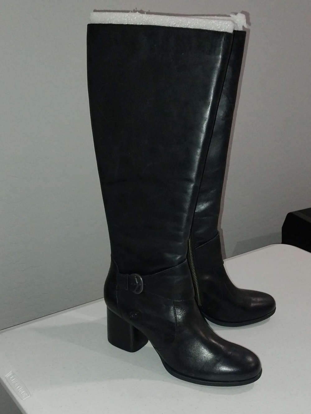 Born Black Leather Knee-High Block Heel Boots with Side Zip